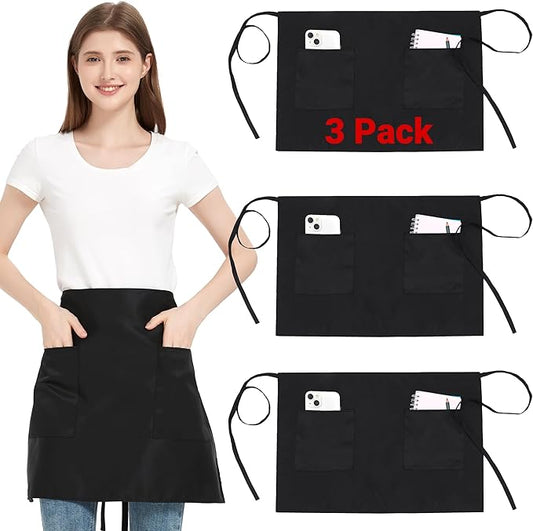 3 Pack Waist Apron with 3 Pockets, Unisex Black Waiter Aprons, Water Resistant Server Aprons for Restaurant Chef Bar by FunChaos