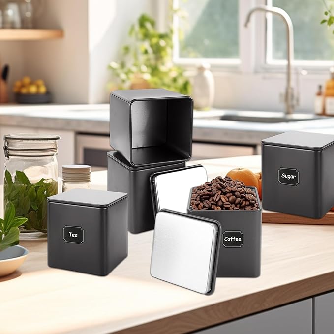 12 Pack Minimalist Black Square Metal Tea Tins, 3 Oz Loose Leaf Tea Storage Containers with Airtight Lids