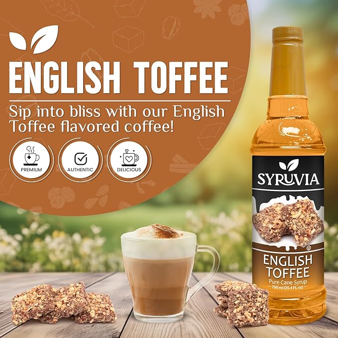 Syruvia Coffee Syrup, English Toffee Flavored Syrup for Drinks, Lattes, and Desserts – 25.4 fl oz, With Pump