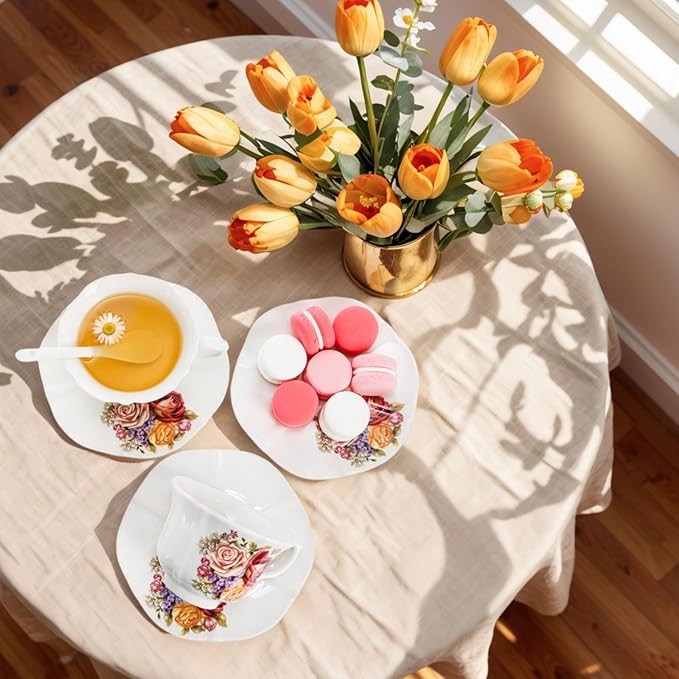 Tea Cups and Saucers Set of 6, 8 OZ Vintage Ceramic Teacups with Spoon, Floral Rose British Coffee Mug, Elegant Bone China Cup Gift Set for Cappuccino, Espresso, Latte, Afternoon Tea Party