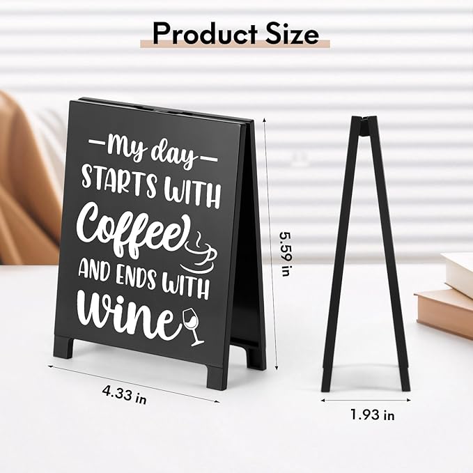 My Day Starts With Coffee Ends With Wine Desk Decor Sign Retro Coffees Shop Table Display for Home Office Kitchen Bar Cafe Counter Bookshelf Christmas Gift for Coffees Lovers Barista Friends
