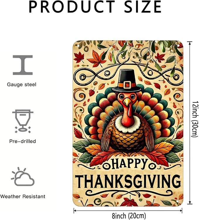 Happy Thanksgiving Sign Vintage Turkey tin Sign Fall Wall Decor Metal Signs for Home Bedroom Living Room Bar Cafe Yard Garden Holiday Decor Gift 08×12 Inch - Image 4