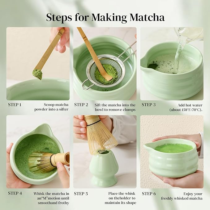 DOWAN Matcha Whisk Set, 7 Pcs Matcha Set Includes Bowl with Spout, Whisk and Holder, Bamboo Scoop and Holder, Sifter and Tea Towel - Matcha Kit Gift for Lovers Beginners (Green)