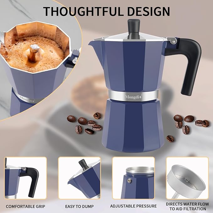 Mongdio Stovetop Espresso Maker Moka Pot, Stove Top Cuban Coffee Maker, Italian Greca Mocha Pot, 6 Espresso Cups, 10 oz - Blue