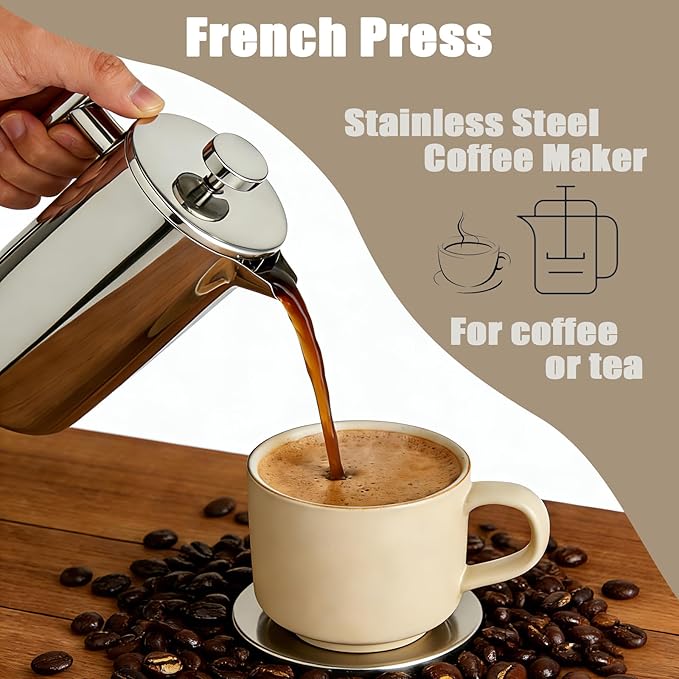 French Press Coffee Maker 12OZ : 304 Grade Stainless Steel Double Walled Insulated Coffee Press with Filter - Heat Resistant Coffee Maker Brewwing tea for Kitchen Travel Office Outdoor Camping
