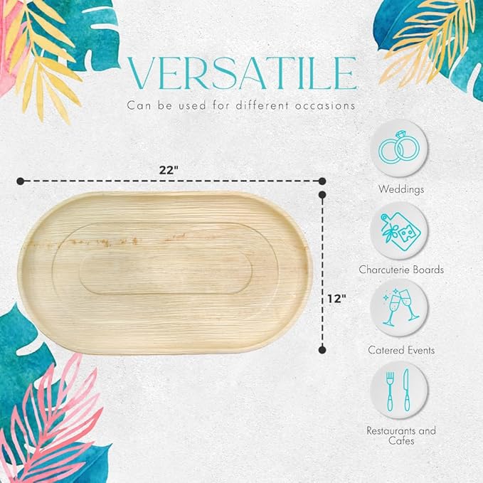 22 x 12 Inch Oval Trays (Pack of 10) – Eco Friendly Bamboo Charcuterie Boards, Better Than Disposable Paper and Plastic Plates | Compostable and Biodegradable Party Platters