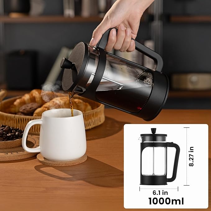 French press, borosilicate glass French press coffee maker, 3 layer stainless steel tea press,34oz large french press, suitable for home, office, kitchen, travel, fashion black