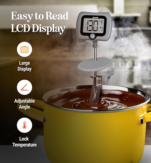 Digital Candy Thermometer with Pot Clip, 10" Long Stainless Steel Probe, Instant Read Kitchen Thermometer for Cooking, Baking, and Candy Making (Grey)