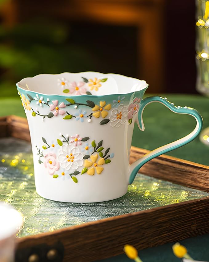 12oz Embossed Floral Ceramic Coffee Mug – Handcrafted Cottagecore Cup with Blue-Green Heart Handle and Wavy Rim, Dishwasher & Microwave Safe, Romantic Gift Mug for Her