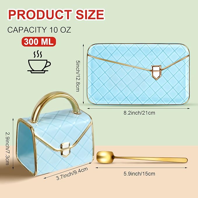 Zubebe 1 Set Coffee Mug Elegant Handbag Shaped Cup Mother's Day Modern Ceramic Purse Mug with Spoon and Saucer, 10oz Cute Creative Tea Cup for Woman Girls Gift (Blue)