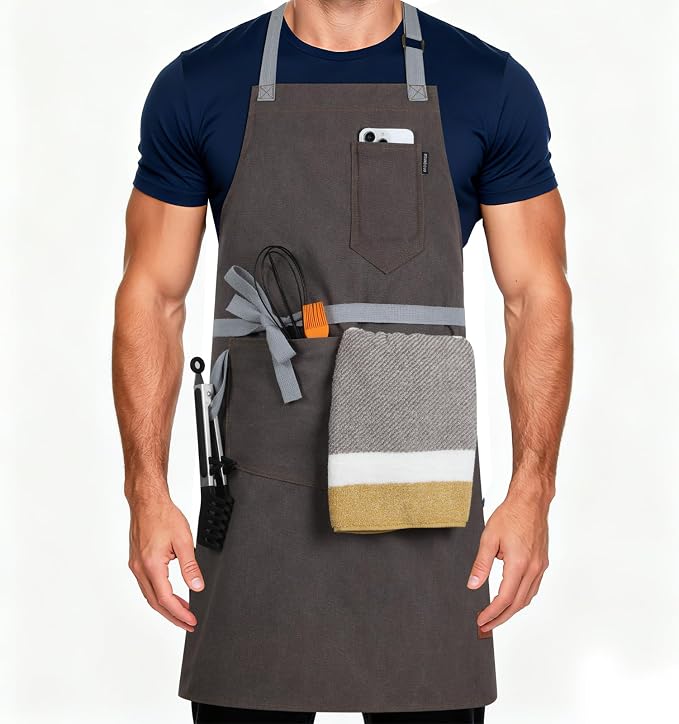 Chef Apron w/Pockets, Adjustable Strap for Cooking & Gardening | Equipped with 3 Large Multi-use Pockets, Wear-Resistant Fabric, Easy Clean, Ideal for BBQ Baking Craft for Men Women by Unknown