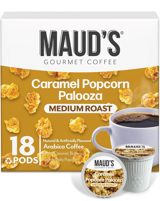 Maud's Caramel Popcorn Flavored Coffee Pods, 18 ct, Medium Roast Flavored Coffee in Single Serve Pods – 100% Arabica Beans, Compatible with Keurig K Cups Maker by MAUDSCOFFEETEA