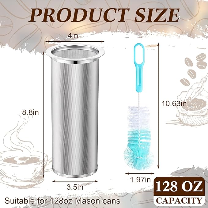 Cold Brew Coffee Filter with Brush Tea Infuser Strainer for 1 Gallon/128 oz Wide Mouth Mason Jar 304 Stainless Steel Food Grade with Sealing Ring for Iced Drink Fruit Tea Coffee Maker
