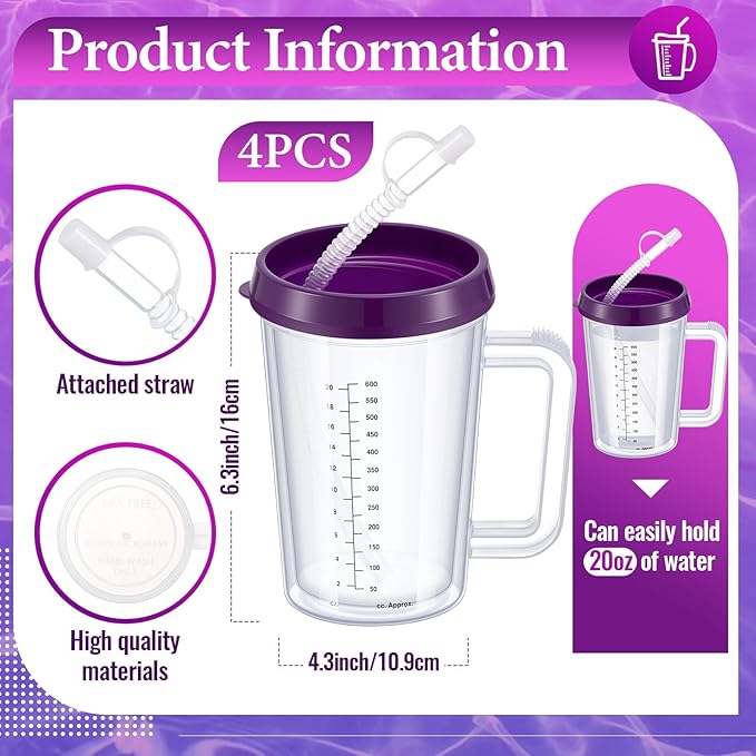 4 Pcs 20 oz Hospital Water Cup with Straw and Lid Insulated Double Walled Elderly Water Bottle Hospital Carafe Mug with Handle Graduated Plastic Drinking Sippy Cup for Adult(Purple)