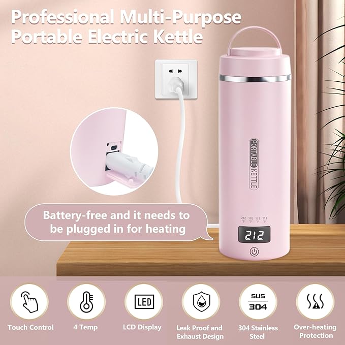 Travel Kettle, Portable Electric Kettle with 4 Temperature Controls, 304 Stainless Steel with Auto Shut-off & Leak Proof, Pink (120V)