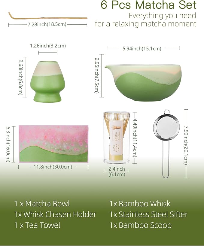 ZENS Matcha Whisk Set, 6pcs Matcha Kit Set, Matcha Bowl with Spout, Handcrafted Bamboo Whisk & Scoop, Chasen Holder, 304 Sifter & Tea Mat, Ideal Gift for Matcha Lovers, Birthday-Green