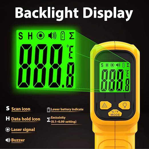 FKM Infrared Thermometer Gun Non-Contact Laser Temperature Gun,-58°F~986°F(-50°C~530°C) AdjustableEmissivity,Digital Thermometer Gun for Industrial,Kitchen Cooking,Oven,Automotive,HVAC,Not for Human