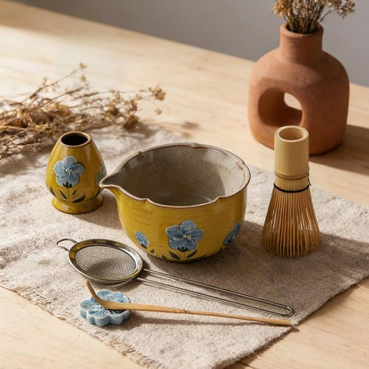 Matcha Whisk Set, 7Pcs Matcha Set with Hand-Painted Ceramic Matcha Bowl, Matcha Whisk and Holder, Scoop and Rest, Sifter, Tea Towel, Artisan Matcha Kit for Ceremony & Gifting (Yellow)