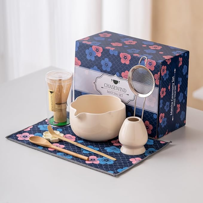 Matcha Set, 8Pcs Floral Ceramic Matcha Kit with Matcha Whisk, Holder, Scoop, Scoop Rest, Sifter, Spoon and Tea Towel - Thoughtful Matcha Whisk Set Gift for Matcha Lovers (Beige)