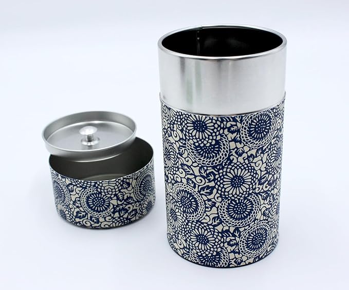 Japanese Pokkan Matcha Coffee Spice Tea Tin Canister Washi Paper Storage with Lid 7.05 oz Capacity (Kiku Karakusa)