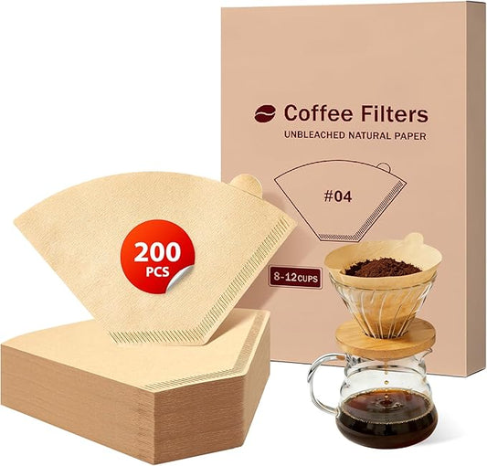 200 Count Coffee Filters #4, Disposable Cone Coffee Filters 8-12 Cup, Unbleached Natural Paper Size 04 Paper Filters for Pour Over and Drip Coffee Maker