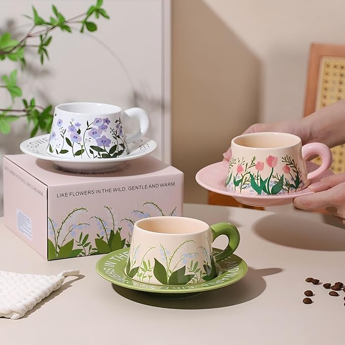 Cute Ceramic Coffee Mug and Saucer Set for Women, Spring Floral Embossed Design, 9.5oz/280ml, Perfect for Home, Office & Holiday Gifts (Black Lily)