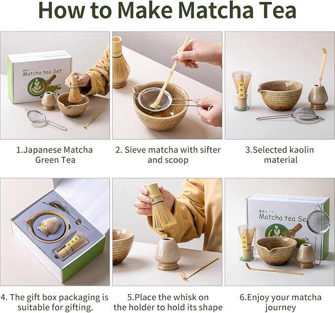 Traditional Matcha Tea Ceremony Set with Ceramic Bowl, Bamboo Whisk, Stand and Strainer, 5-Piece (yellow)