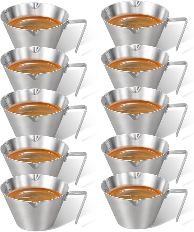 10Pcs Stainless Steel Espresso Cups, Double Spout Metal Espresso Measuring Cup with Handle, Dual Scale Espresso Shot Cup with V-Shaped Mouth, 3.4oz/100ml (Silver)