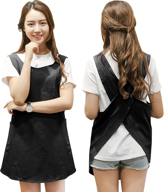 Shortened Design Apron, Japanese Style Soft Cotton Linen Apron with Two Side Pockets, X Cross Halter Aprons, Kitchen Cooking Clothes Present for Women DIY Project, Crafting, Cooking, Baking(Black) by KKTOCHVC