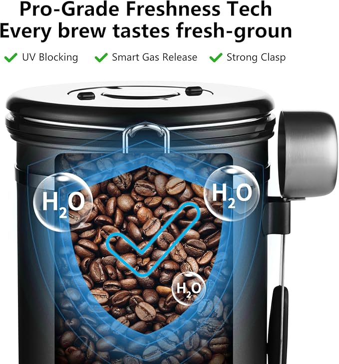 Bincoo Coffee Canister, Small Stainless Steel Coffee Bean Storage Container with Date Tracker, Airtight Coffee Canister with CO2 Valve & Free Scoop (800ML-Grey)