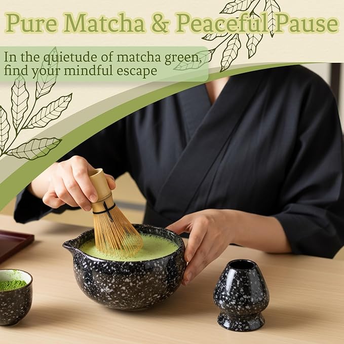 8 Pcs Matcha Whisk Set Chasen Matcha Whisk Bamboo Bowl with Spout Sifter Spoon Scoop Whisk Holder Bamboo Mat Complete Matcha Making Kit (9pcs-black)