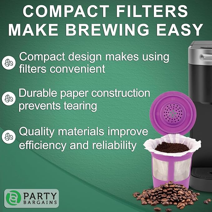 PARTY BARGAINS 600 Compact Disposable Coffee Filter Liners – Compatible with Keurig Brewers & K-Cup Reusable Pods, Single-Serve Paper Filters