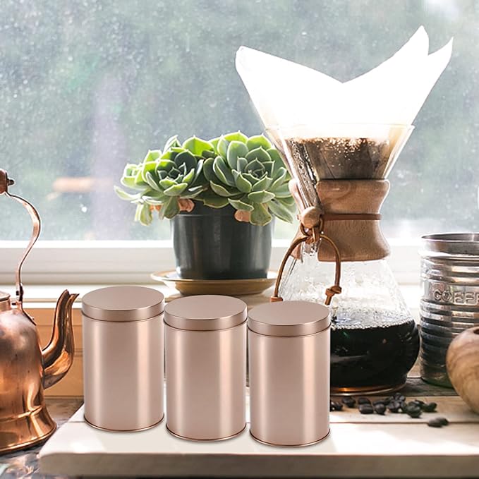 Yesland 6 Pack Tea Tin Canister with Airtight Double Lids, 12 Fluid Oz Tin Can Box and Small Round Kitchen Canisters for Loose Tea, Coffee, Candy, Herbs and Spices(Rose Gold)