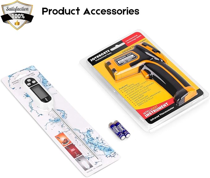 Infrared Thermometer Non-Contact Digital Laser Temperature Gun -58℉～1112℉(-50℃～600℃) Adjustable Emissivity IR Temp Gun - for Cooking, BBQ, Food, Fridge, Pizza Oven, Engine - Meat Thermometer Included