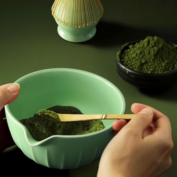 Matcha Whisk Set 7 Pcs - Ceramic Matcha Set with Bowl, Whisk, Holder, Bamboo Scoop, Rest, Sifter, and Tea Towel – Elegant Matcha Kit Gift for Women