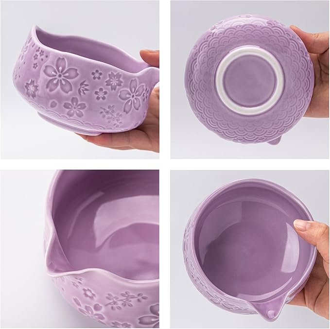 TEANAGOO 7-PCS Purple Matcha Whisk Set with Cherry Blossom Design, Complete Ceremony Kit, Ceramic Chawan Bowl with Spout, Whisk & Accessories, Traditional Matcha Tea Set for Lattes& Gift Giving