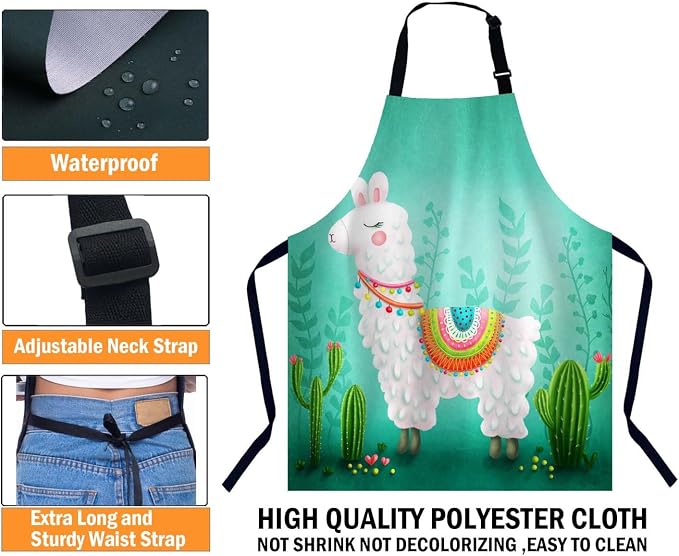 Cute llama Cactus Waterproof Apron Kitchen Chef Aprons Bibs for Grooming Cooking Baking Painting Gardening - Image 3