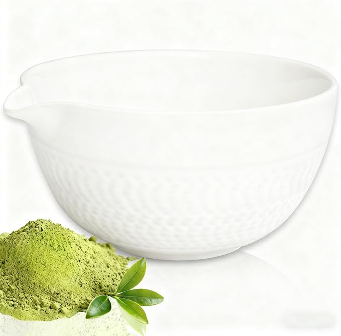 Matcha Bowl with Spout, Traditional Ceramic Matcha Tea Bowl Japanese Ceremonial Chawan for Whisking Mixing & Daily Use, 18oz/500ml White