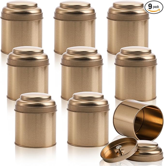 Lawei 9 Pack Tea Tins Canister with Airtight Double Lids, Mini Tea Storage Containers Round Tin Can Box for Storage Tea Coffee Sugar Loose Leaf, 8 Fluid Oz, Rose Gold
