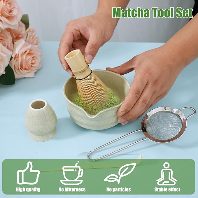 Matcha Whisk Set, 5 Pcs Matcha Set Whisk and Bowl with Spout, Matcha Whisk Holder, Matcha Spoon, Stainless Sifter, Perfect Matcha Kit for Matcha Lover (Matcha Green)