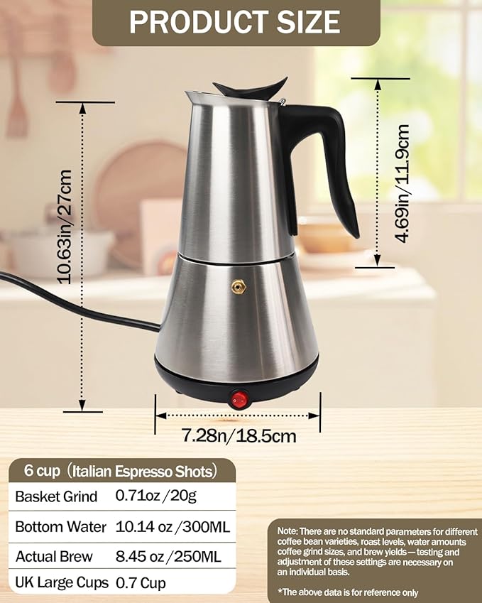 Electric Moka Pot with Detachable Base Stainless Steel Espresso Maker 10oz 6 Cup 300ml Silver Italian Coffee Maker for Kitchen Home 110V