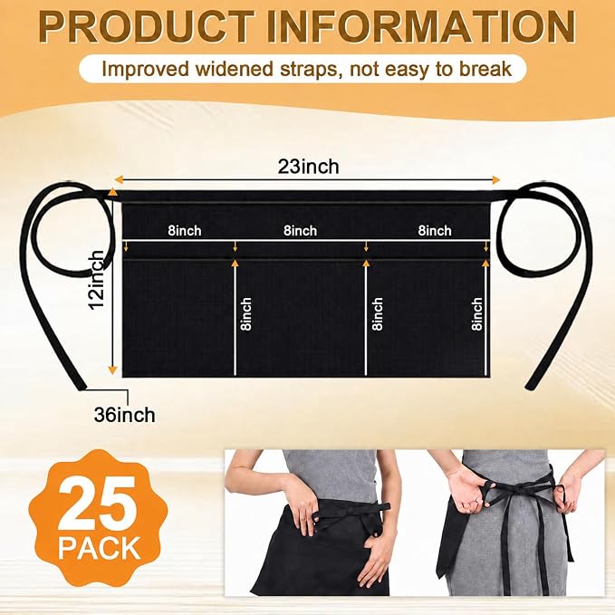 mwellewm 25 Packs Server Apron with 3 Pockets, Black Serving Half Waitress Apron for Women and Men, Widened and Extended Waist Strap Reinforced Seams Water and Stain Resistant for Book Phone - Image 3