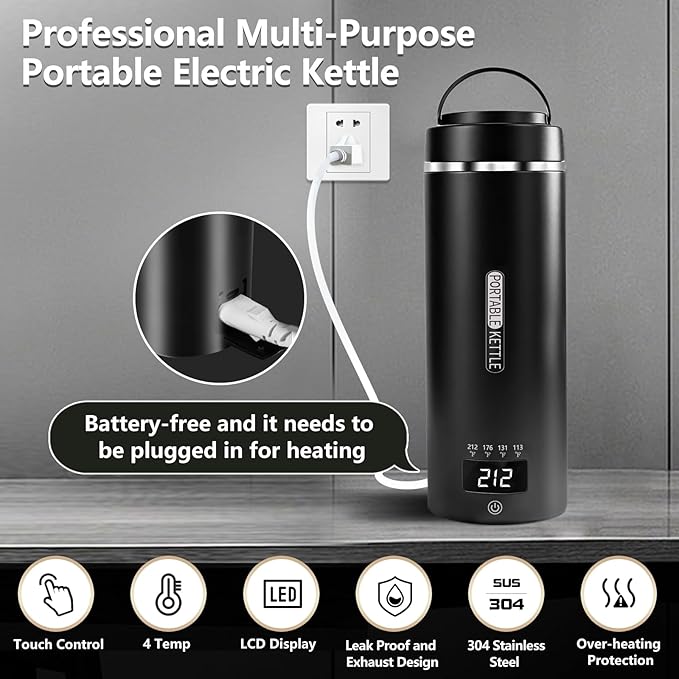 Travel Kettle, Portable Electric Kettle with 4 Temperature Controls, 304 Stainless Steel with Auto Shut-off, Black (120V)