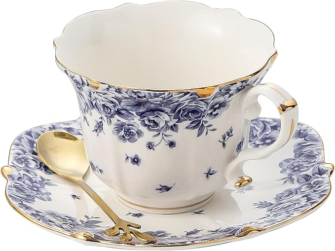Country Roses Porcelain Tea Cup and Saucer Set with Gold Trim, Vintage Style, For Women and Tea Parties (1, Sky Blue)