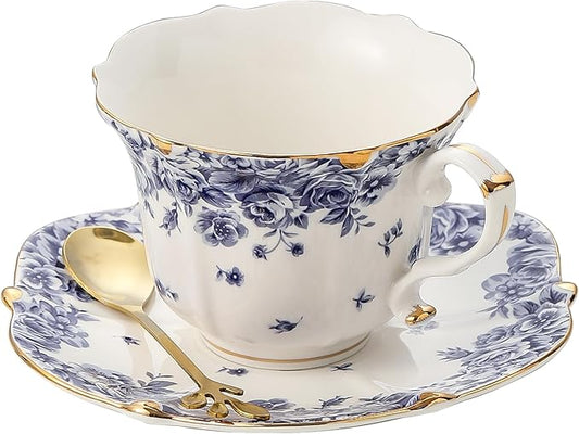 Country Roses Porcelain Tea Cup and Saucer Set with Gold Trim, Vintage Style, For Women and Tea Parties (1, Sky Blue)