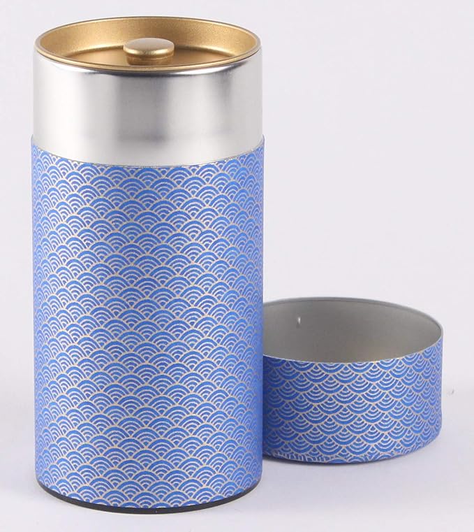 Washi Paper Tea Tin Canister: Long 7oz (200g) Deepsea waves (#78), Japan
