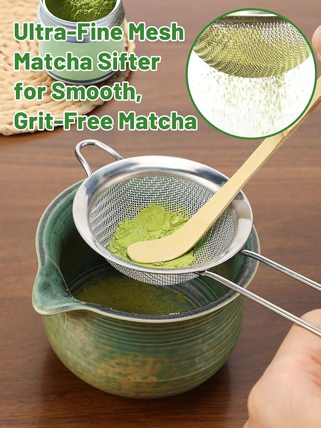 Matcha Whisk Set with Bamboo Tray - Bowl with Spout, Whisk and Holder, Bamboo Scoop, Sifter, Japanese Matcha Kit Tea Ceremony Gift for Women