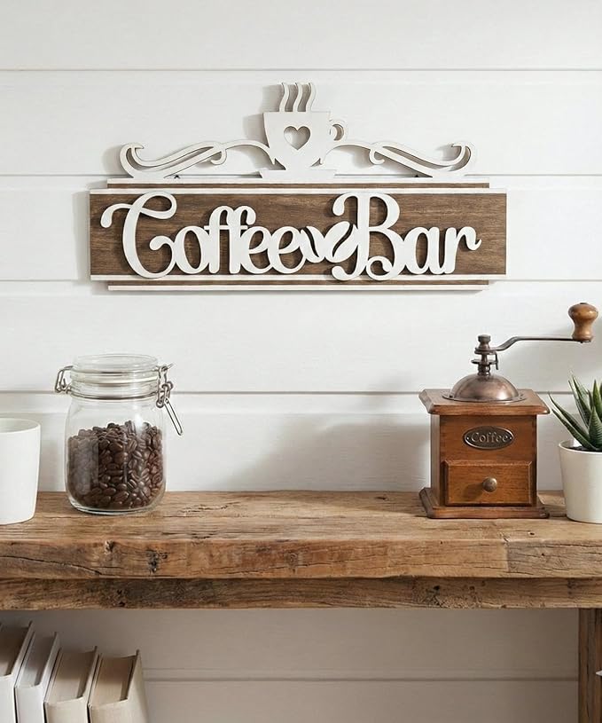 Putuo Decor Vintage Coffee Bar Sign, Farmhouse Coffee Accessories for Cafe Station Wall Decor, Long Double-Layer Cafe Sign for Home Kitchen Countertop Decoration, 12×5.5in