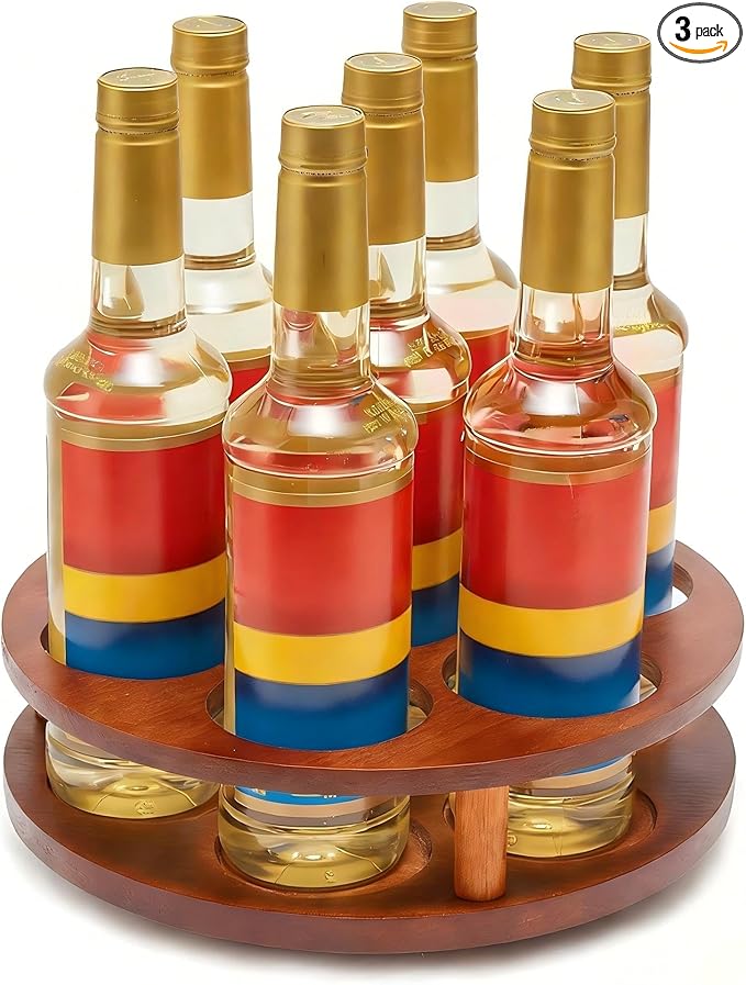 Wood Rotating Coffee Syrup Organizer, 7 Bottles Coffee Syrup Rack, Coffee Station Organizer with Large Base and Anti-Slip Pads