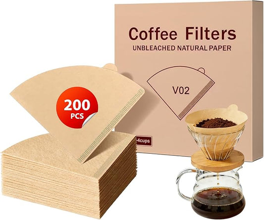 200 Count Coffee Filters V-60, Disposable Cone Coffee Filters 2-4 Cup, Unbleached Natural Paper Size 02 Paper Filters for Pour Over and Drip Coffee Maker